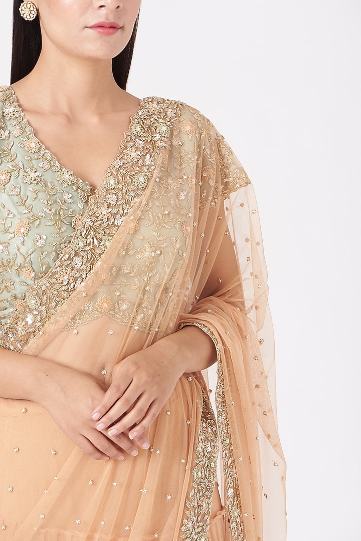 Peach Sequins Embroidered Wedding Lehenga Saree Set by Peppermint Diva at Pernia's Pop Up Shop