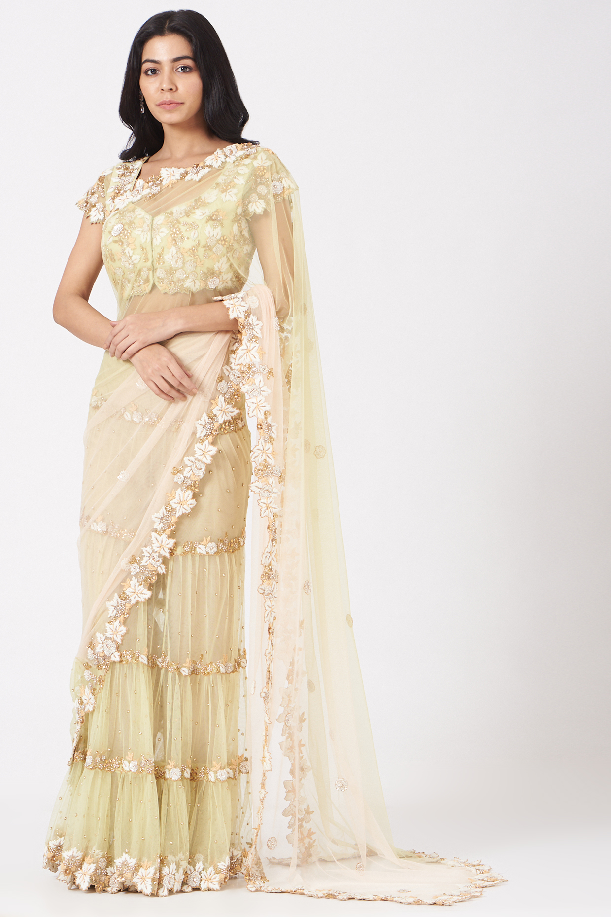 Mint Mirror Embroidered Wedding Lehenga Saree Set by Peppermint Diva at Pernia's Pop Up Shop