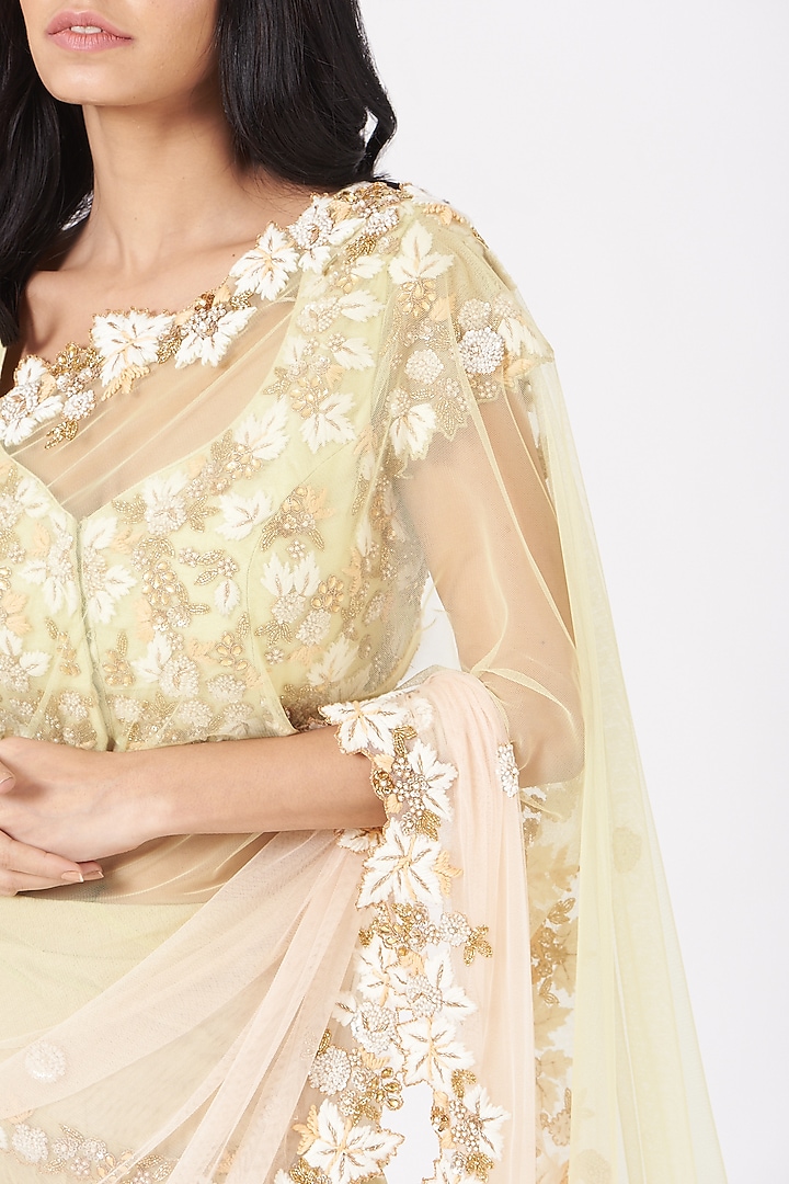 Mint Mirror Embroidered Wedding Lehenga Saree Set by Peppermint Diva at Pernia's Pop Up Shop