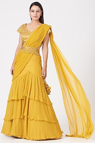 Yellow Ruffled Lehenga Saree Set by Peppermint Diva
