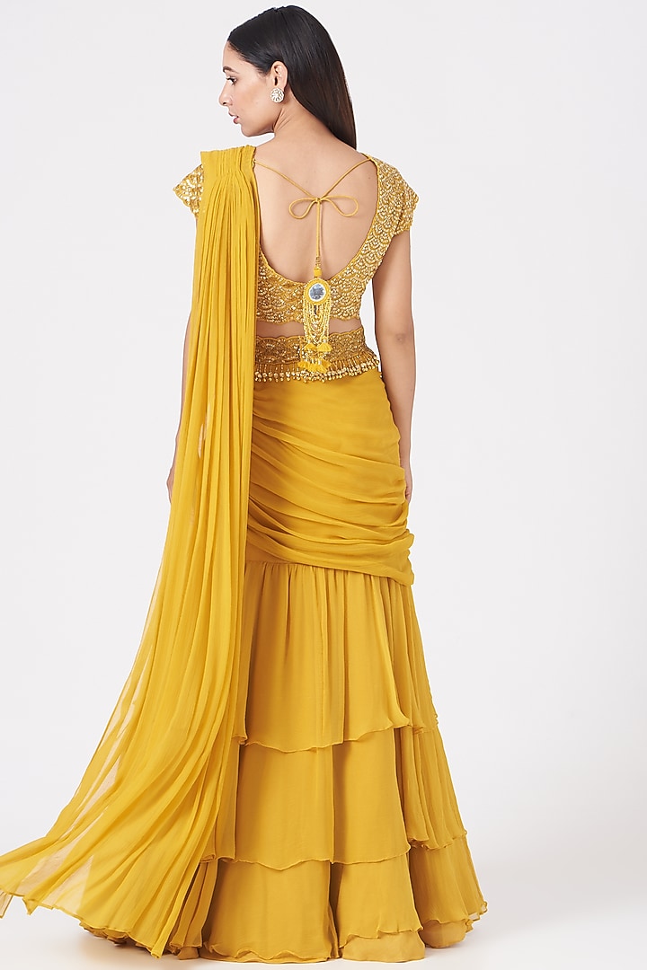 Yellow Ruffled Wedding Lehenga Saree Set by Peppermint Diva at Pernia's Pop Up Shop
