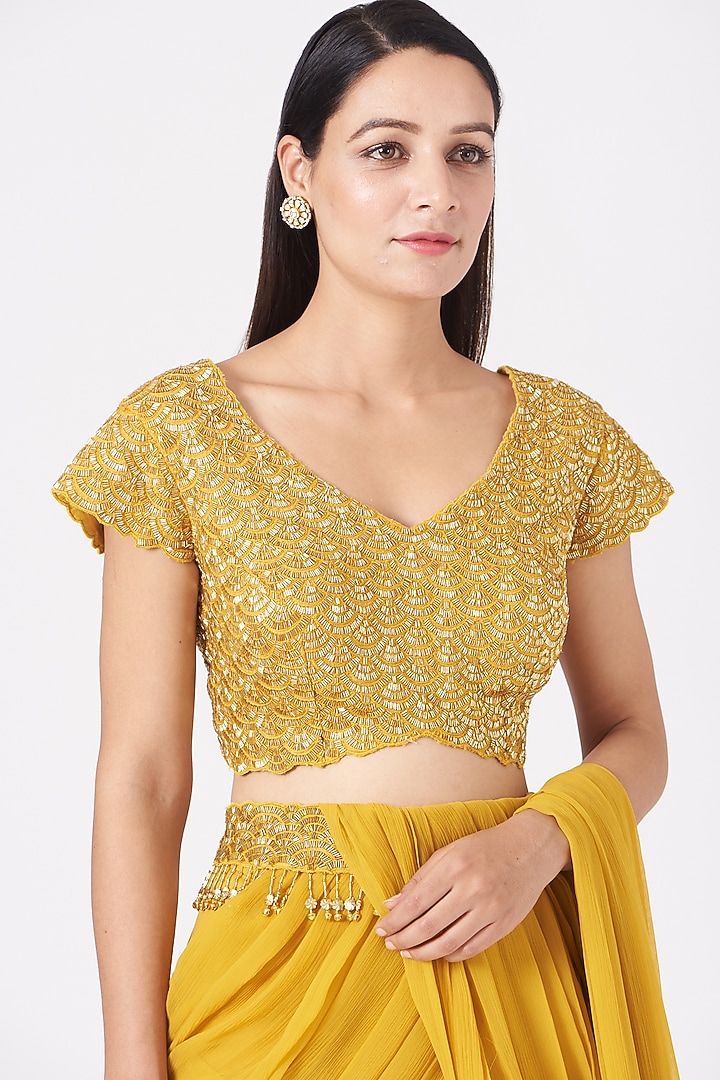 Yellow Ruffled Wedding Lehenga Saree Set by Peppermint Diva at Pernia's Pop Up Shop