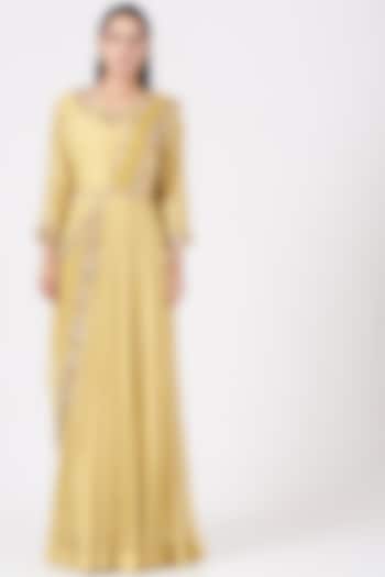 Pale Yellow Embroidered Draped Anarkali Set by Peppermint Diva