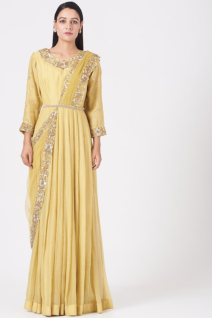 Pale Yellow Embroidered Draped Anarkali Set by Peppermint Diva