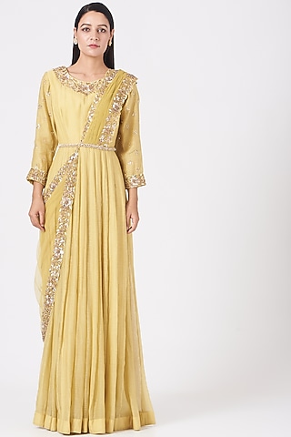 Pale Yellow Embroidered Draped Anarkali Set by Peppermint Diva