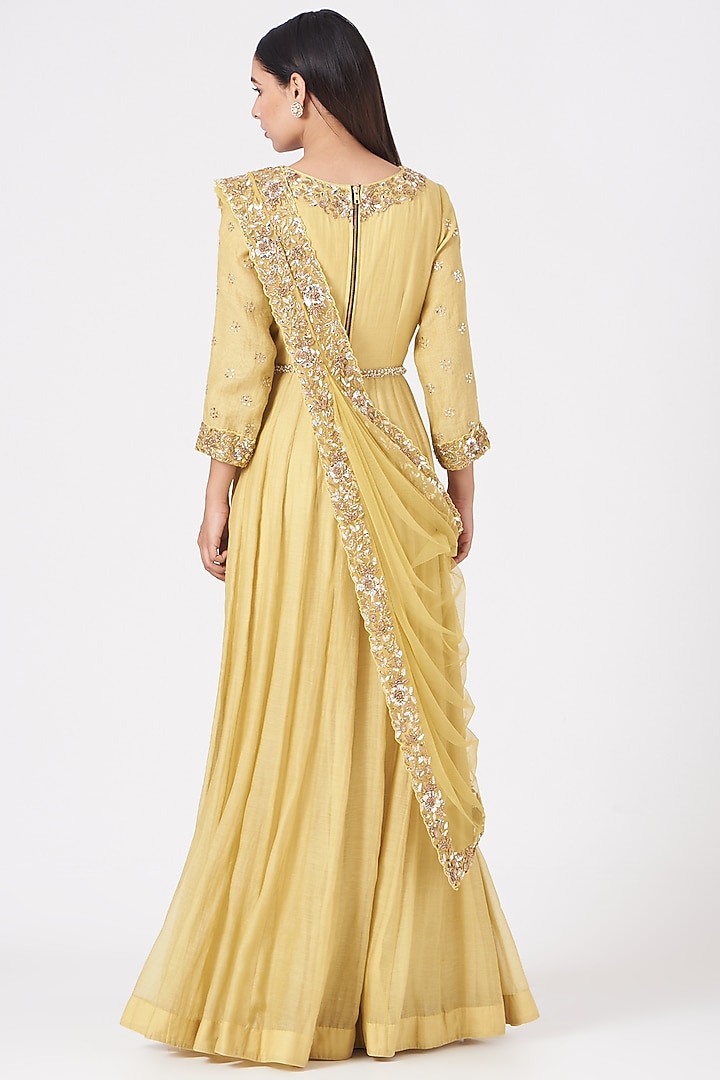 Pale Yellow Embroidered Draped Wedding Anarkali Set by Peppermint Diva at Pernia's Pop Up Shop