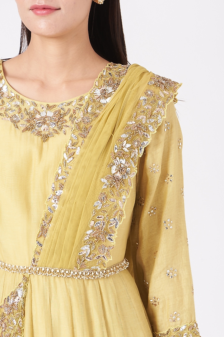 Pale Yellow Embroidered Draped Wedding Anarkali Set by Peppermint Diva at Pernia's Pop Up Shop