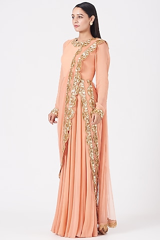 Peach Georgette Draped Anarkali Set by Peppermint Diva