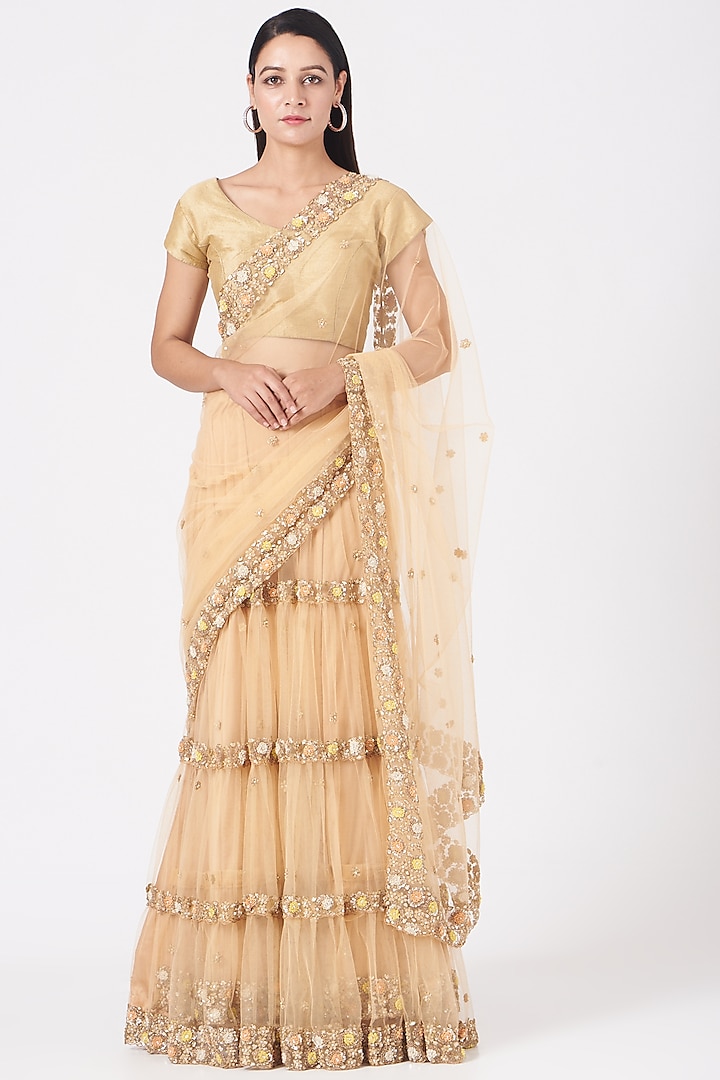 Beige Floral Embroidered Lehenga Saree Set by Peppermint Diva
