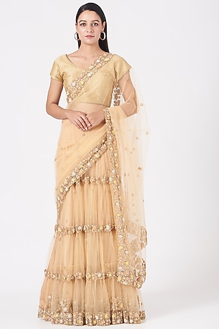 Beige Floral Embroidered Lehenga Saree Set by Peppermint Diva