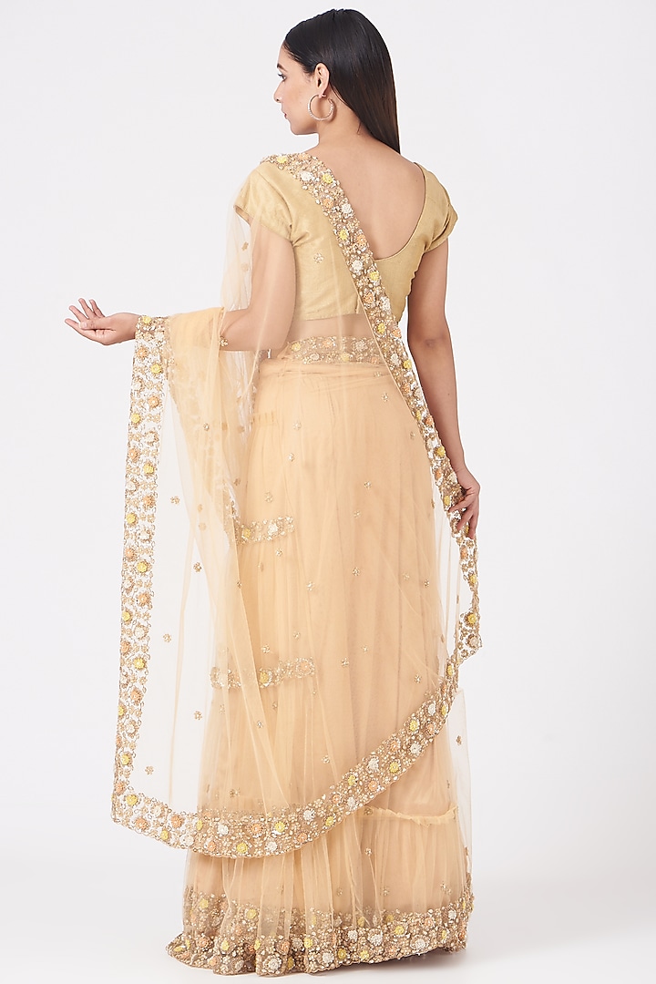 Beige Floral Embroidered Wedding Lehenga Saree Set by Peppermint Diva at Pernia's Pop Up Shop