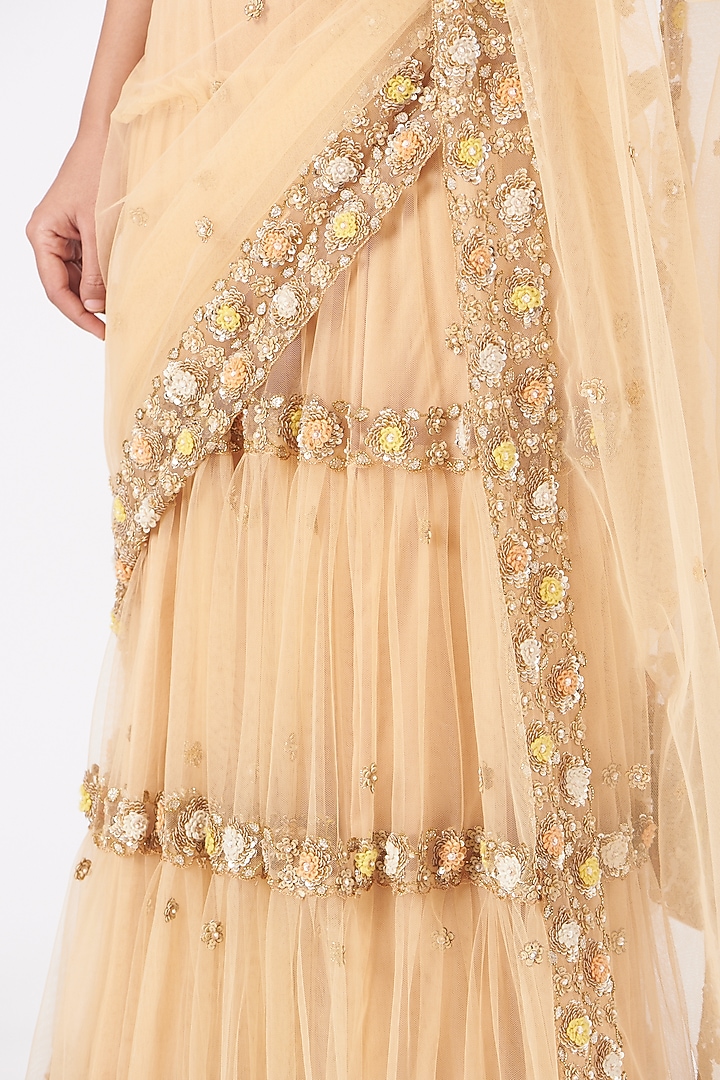 Beige Floral Embroidered Wedding Lehenga Saree Set by Peppermint Diva at Pernia's Pop Up Shop