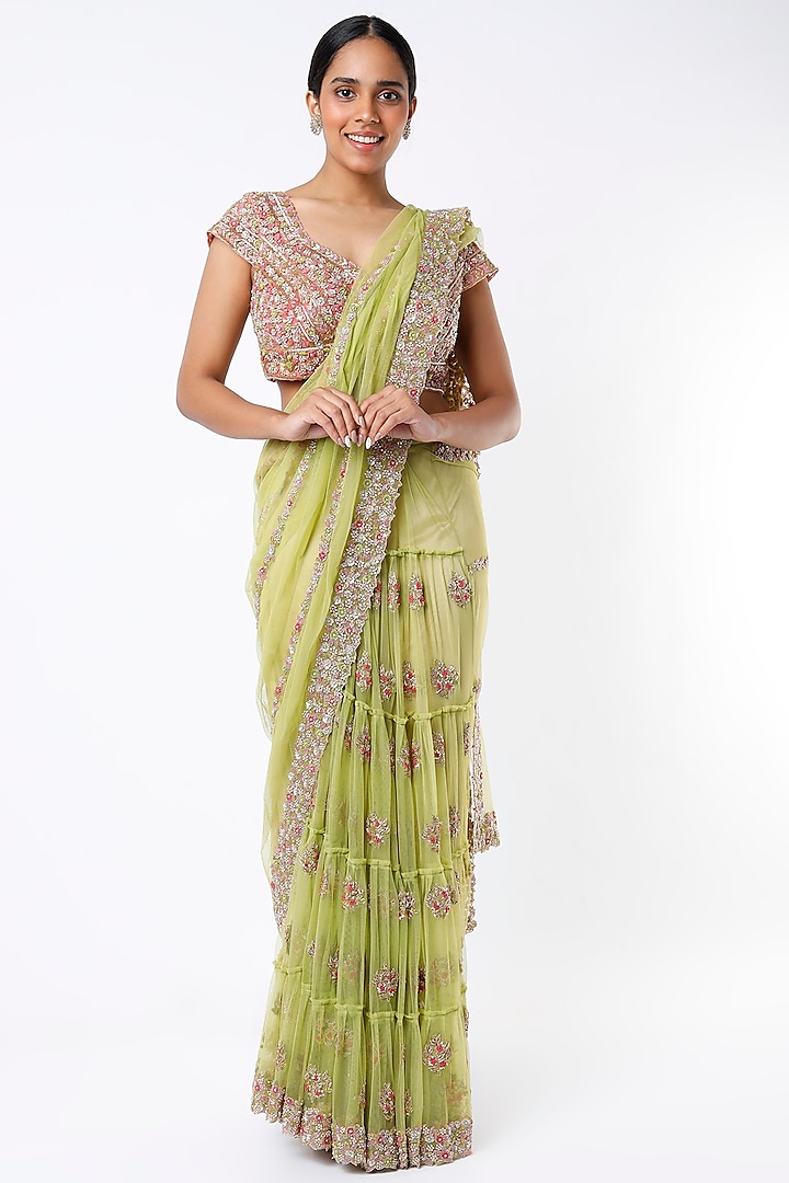 Lime Green Embroidered Saree Set by Peppermint Diva