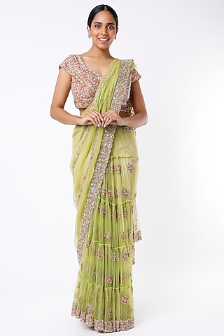 Lime Green Embroidered Saree Set by Peppermint Diva