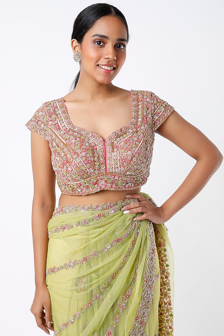Lime Green Embroidered Wedding Saree Set by Peppermint Diva at Pernia's Pop Up Shop