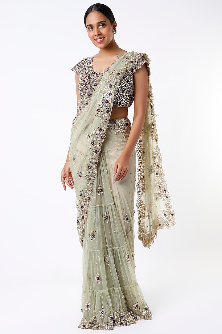 Mint Green Embroidered Saree Set by Peppermint Diva