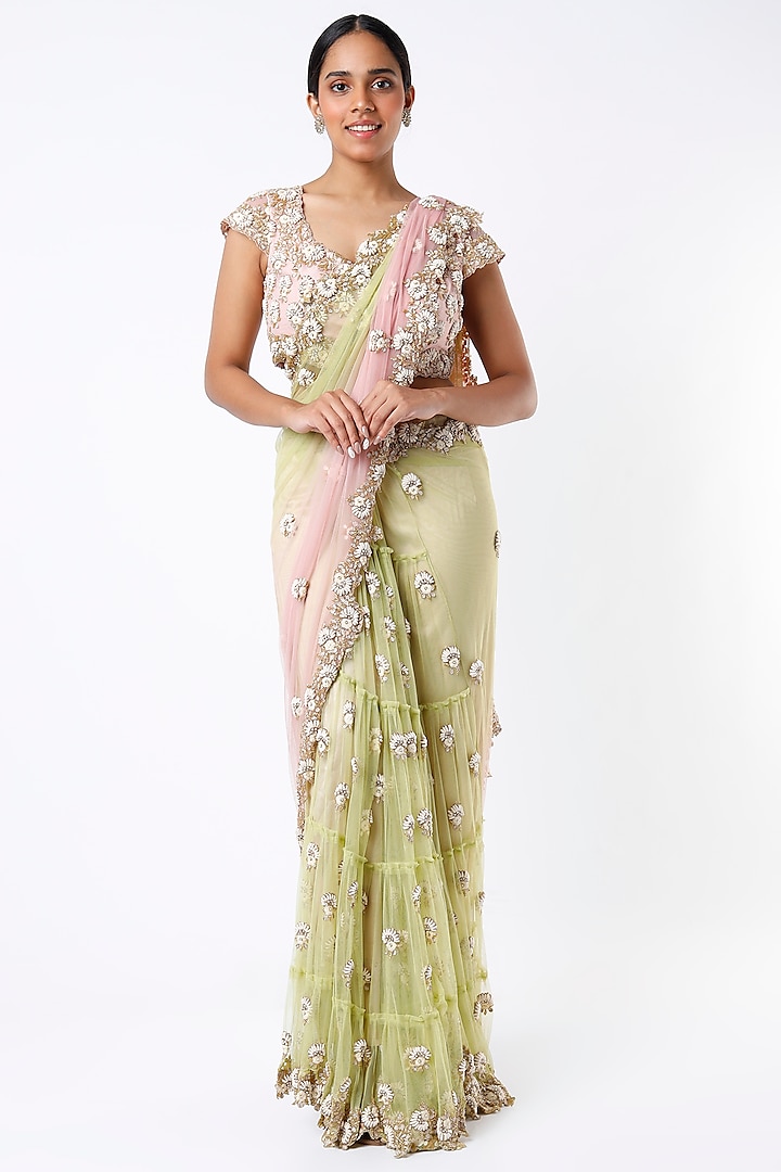 Leaf Green Embroidered Saree Set by Peppermint Diva