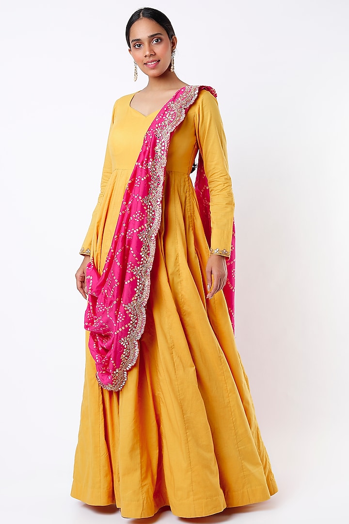 Citrus Yellow Embroidered Anarkali by Peppermint Diva