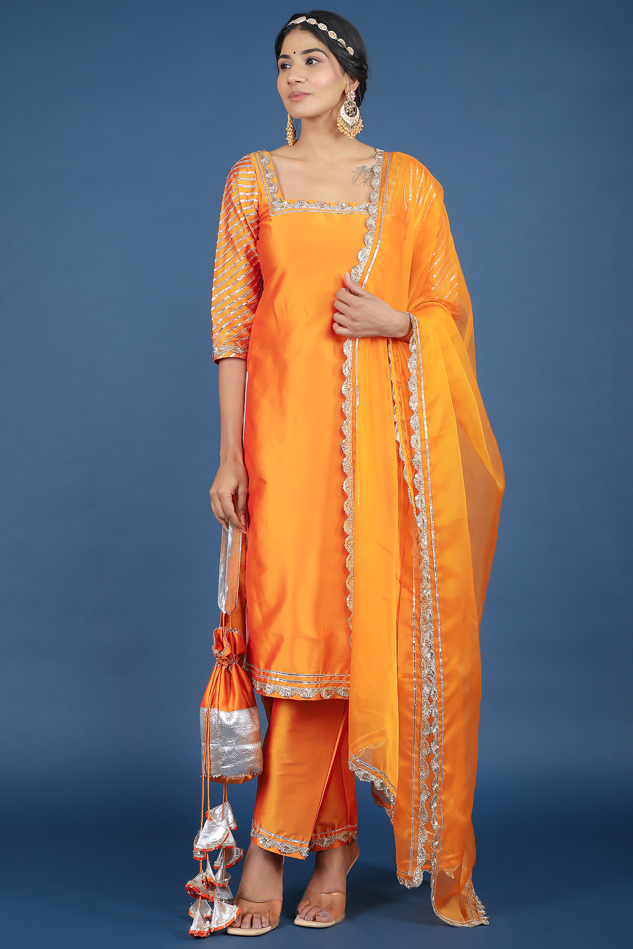 Orange Taffeta Silk Kurta Set by Pomcha Jaipur at Pernia's Pop Up Shop
