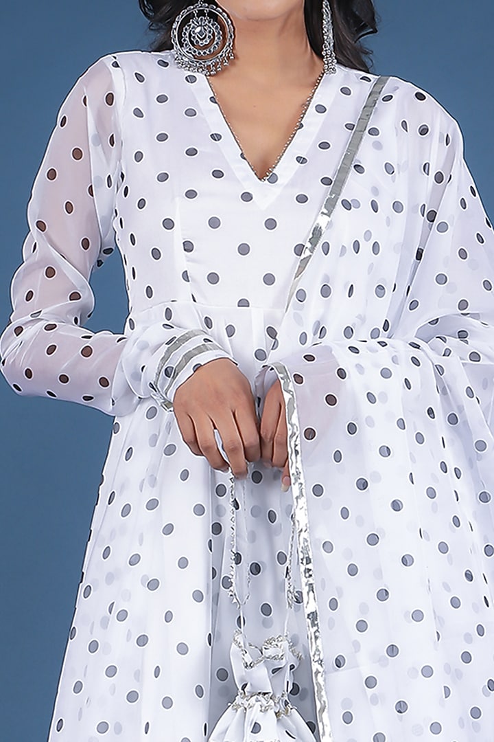 White Organza Polka Dot Printed Anarkali Set by Pomcha Jaipur at Pernia's Pop Up Shop