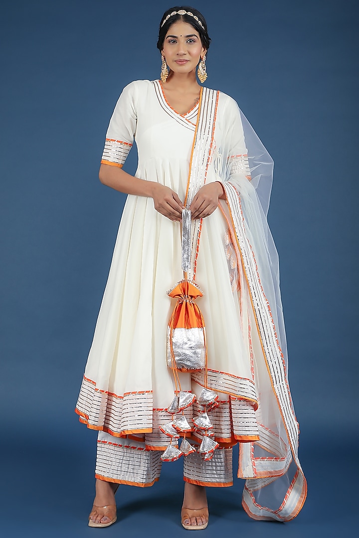 White Cotton Silk Anarkali Set by Pomcha Jaipur