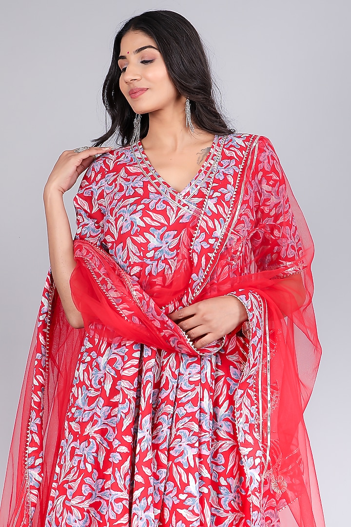 Red Cotton Anarkali Set by Pomcha Jaipur at Pernia's Pop Up Shop