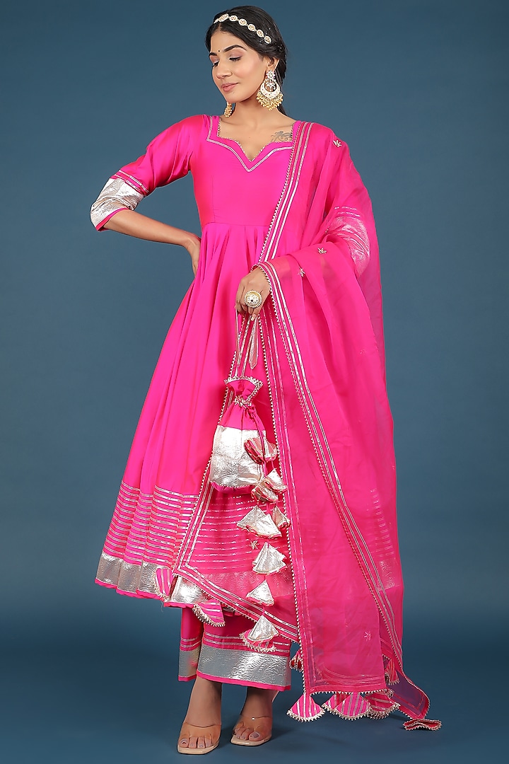 Hot Pink Taffeta Silk Anarkali Set by Pomcha Jaipur