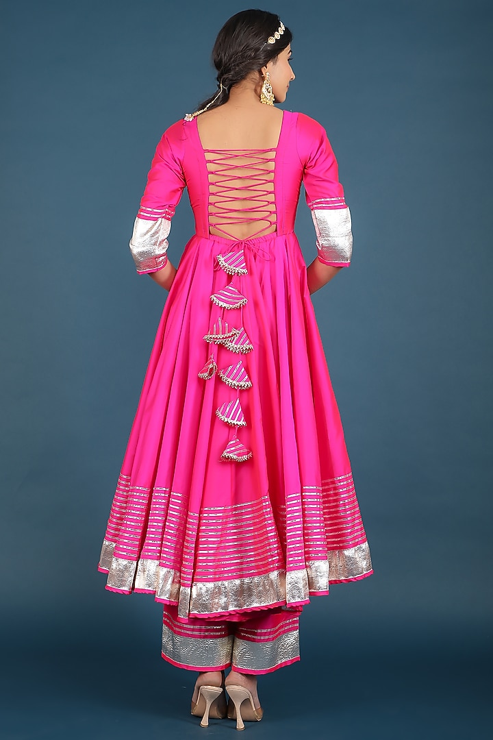 Hot Pink Taffeta Silk Party Wear Anarkali Set by Pomcha Jaipur at Pernia's Pop Up Shop