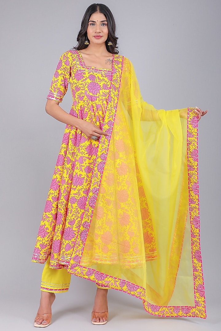 Yellow Cotton Anarkali Set by Pomcha Jaipur at Pernia's Pop Up Shop