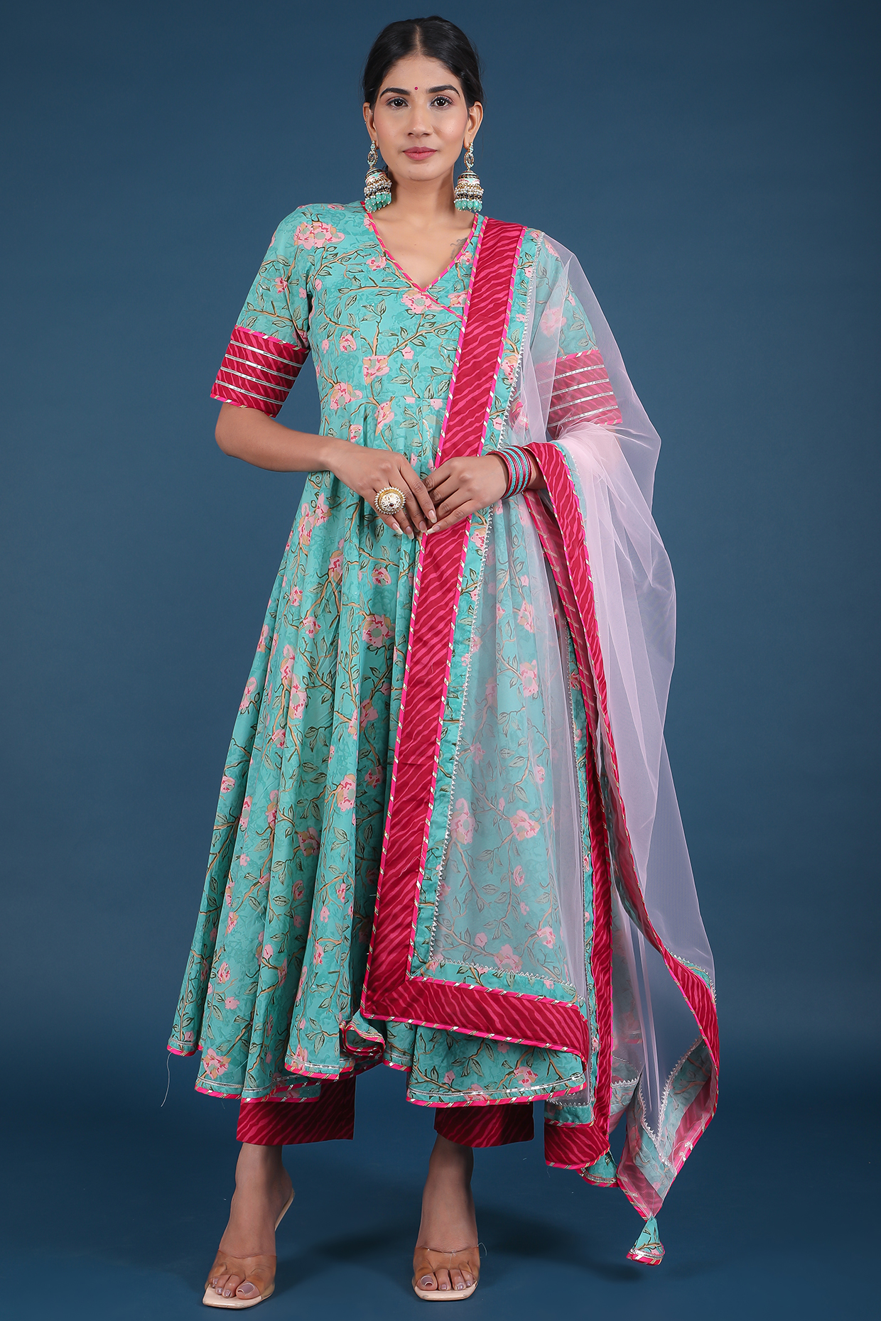 Aqua Green Cotton Anarkali Set by Pomcha Jaipur