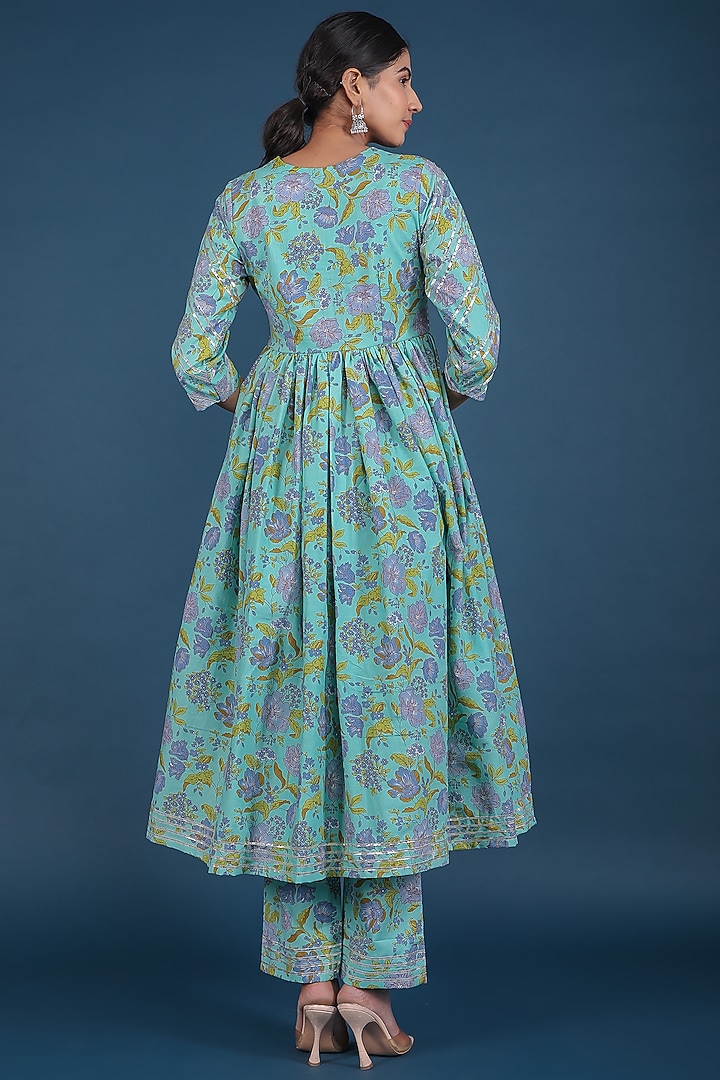 Aqua Green Cotton Anarkali Set by Pomcha Jaipur at Pernia's Pop Up Shop