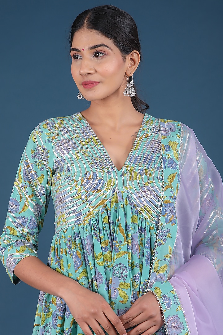 Aqua Green Cotton Anarkali Set by Pomcha Jaipur at Pernia's Pop Up Shop