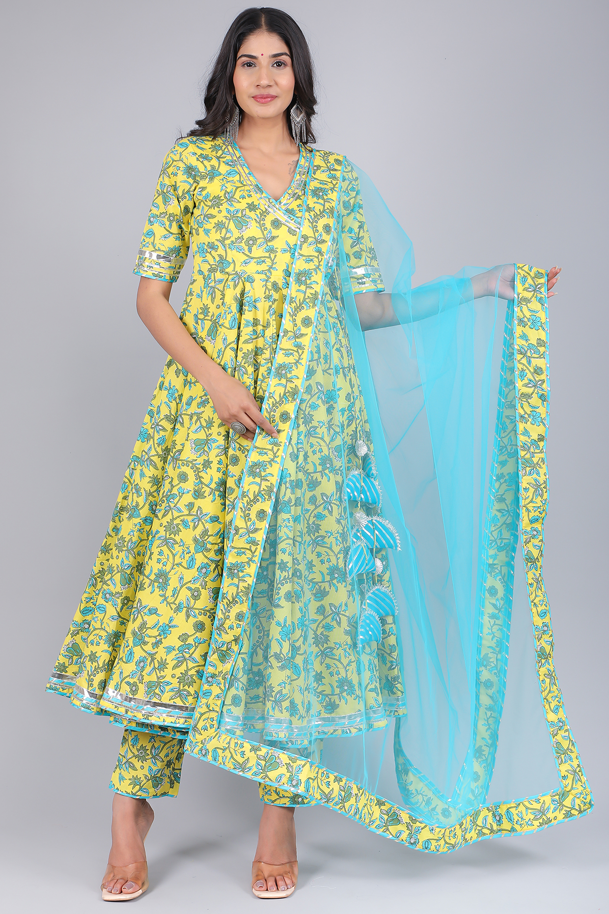 Green Cotton Printed Anarkali Set by Pomcha Jaipur