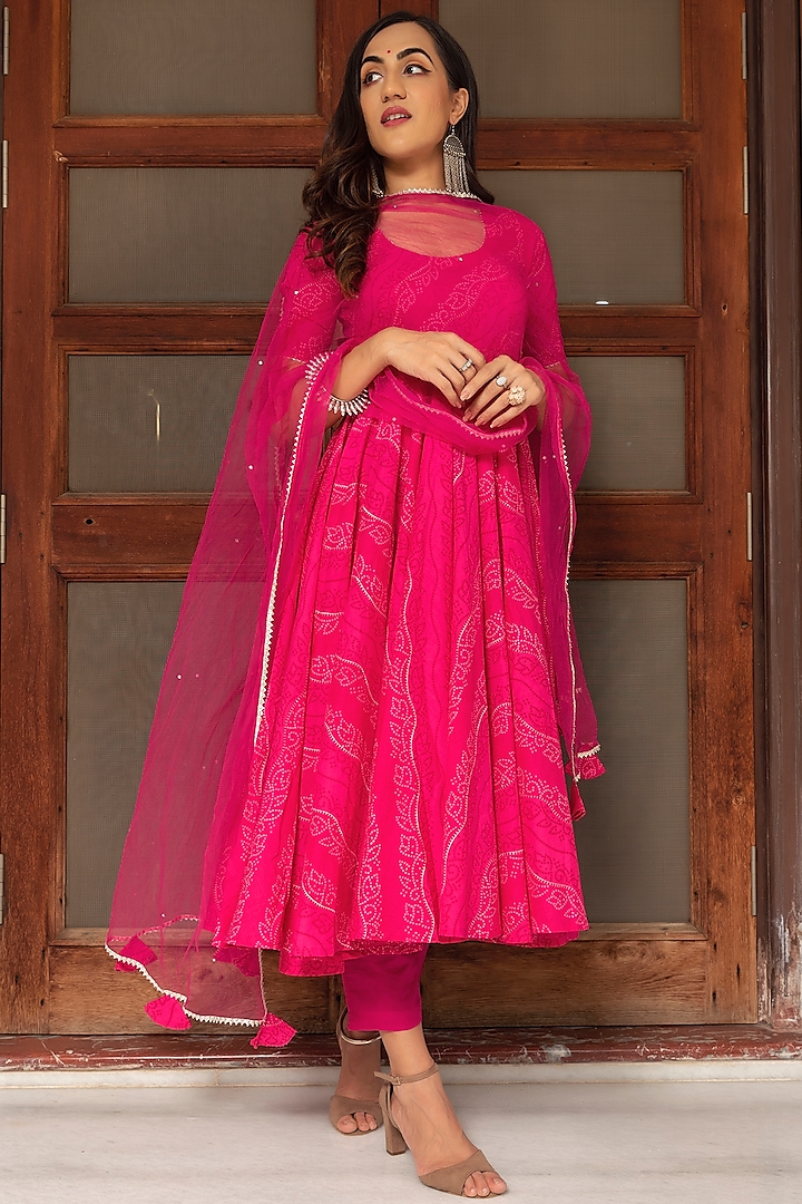 Pink Bandhej Anarkali Set by Pomcha Jaipur