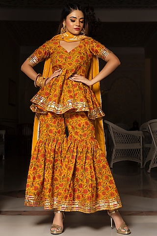 Mustard Hand Block Printed Sharara Set by Pomcha Jaipur
