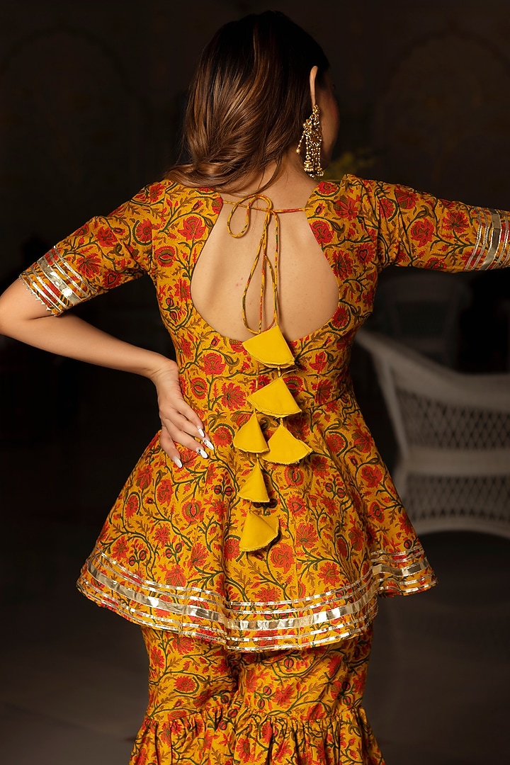 Mustard Hand Block Printed Sharara Set by Pomcha Jaipur at Pernia's Pop Up Shop
