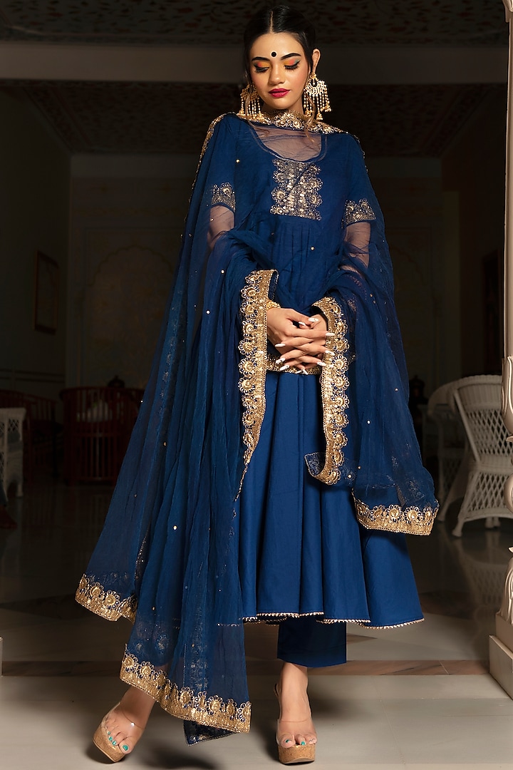 Navy Blue Hand-Stitched Anarkali Set by Pomcha Jaipur