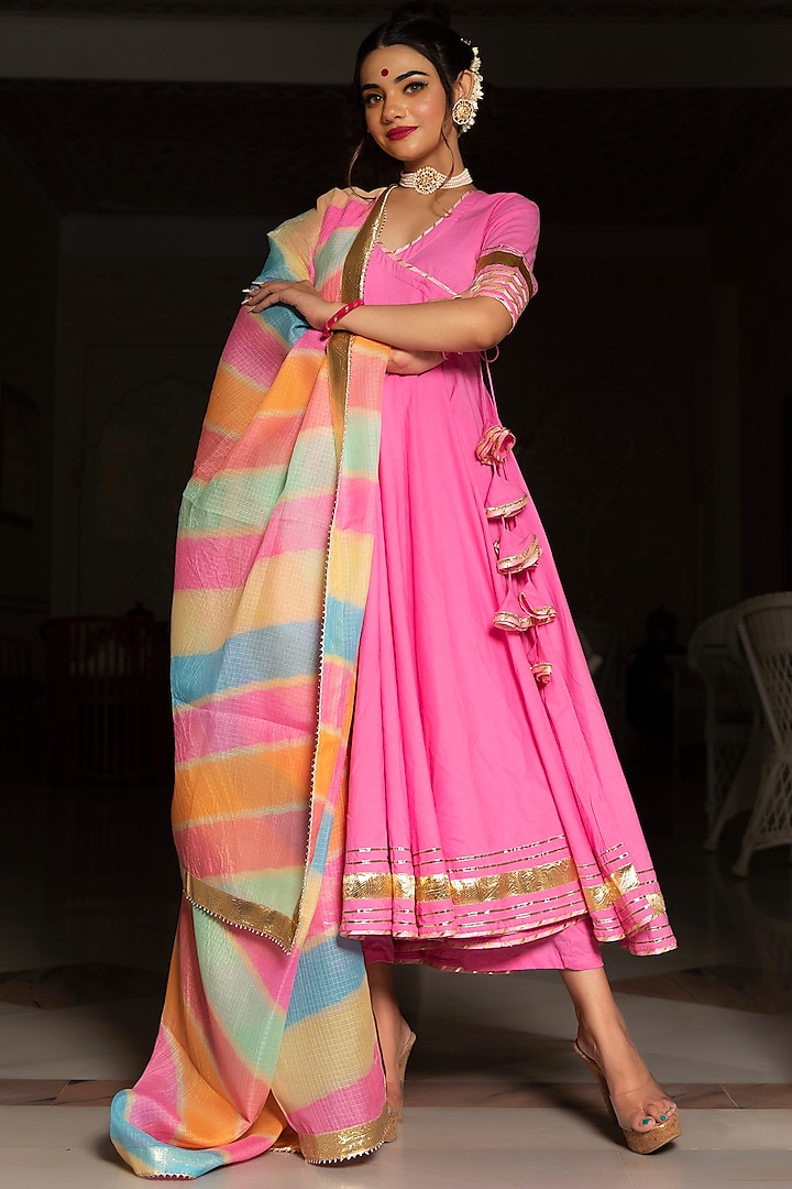 Rose Pink Angrakha Kurta With Gota Work by Pomcha Jaipur