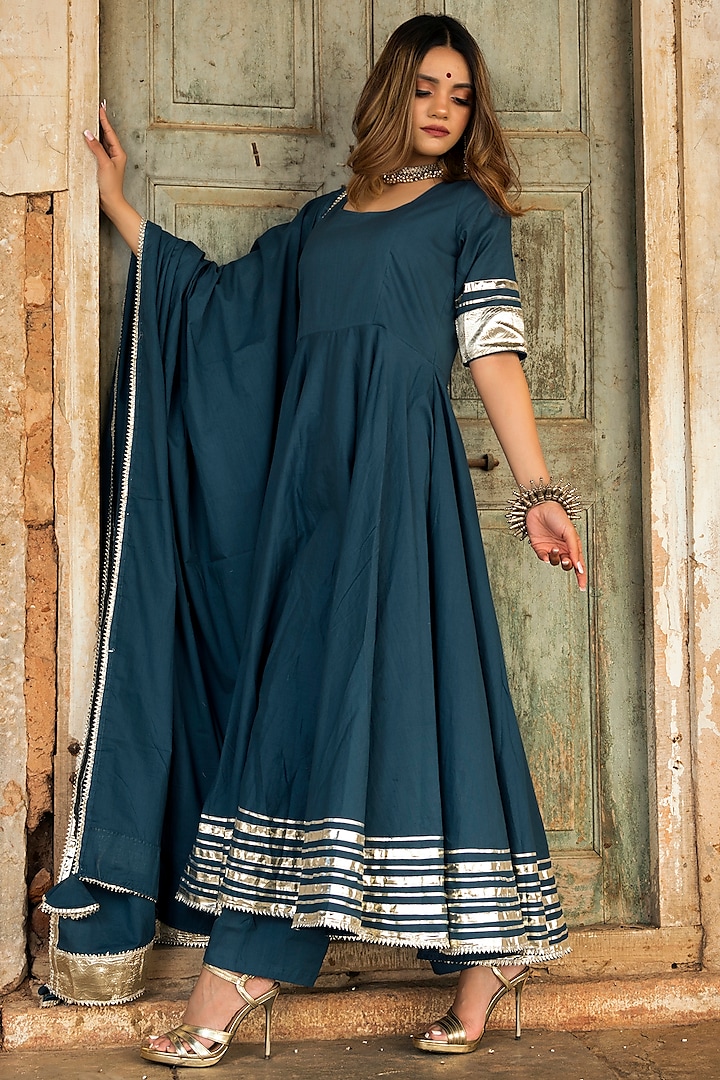 Aegran Blue Anarkali Set With Gota Work by Pomcha Jaipur at Pernia's Pop Up Shop