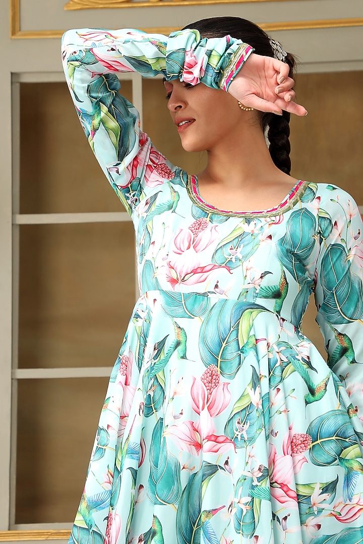 Blue Muslin Leaf Printed & Embroidered Anarkali Set by Pomcha Jaipur at Pernia's Pop Up Shop