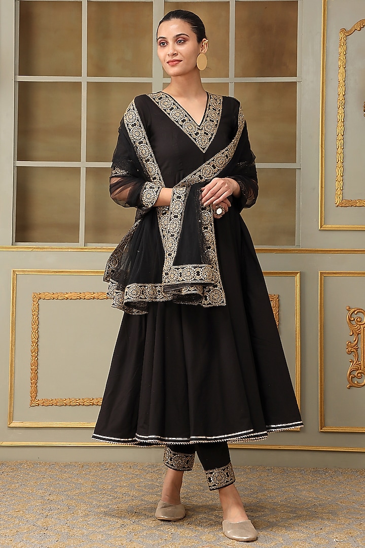 Black Cotton Gota Embroidered Anarkali Set by Pomcha Jaipur
