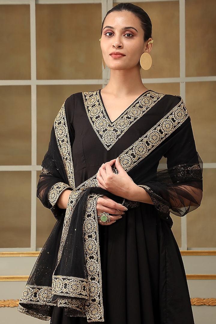 Black Cotton Gota Embroidered Anarkali Set by Pomcha Jaipur at Pernia's Pop Up Shop