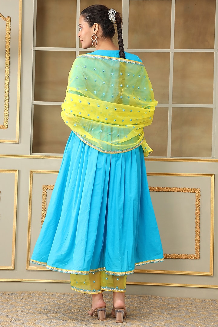 Blue Cotton Magzi Embroidered Anarkali Set by Pomcha Jaipur at Pernia's Pop Up Shop