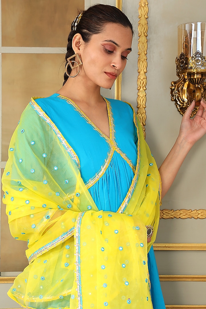 Blue Cotton Magzi Embroidered Anarkali Set by Pomcha Jaipur at Pernia's Pop Up Shop