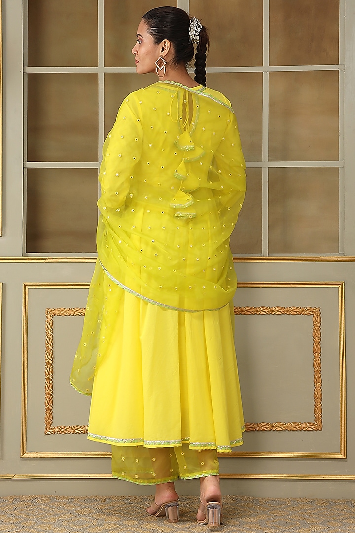 Yellow Cotton Magzi Embroidered Anarkali Set by Pomcha Jaipur at Pernia's Pop Up Shop
