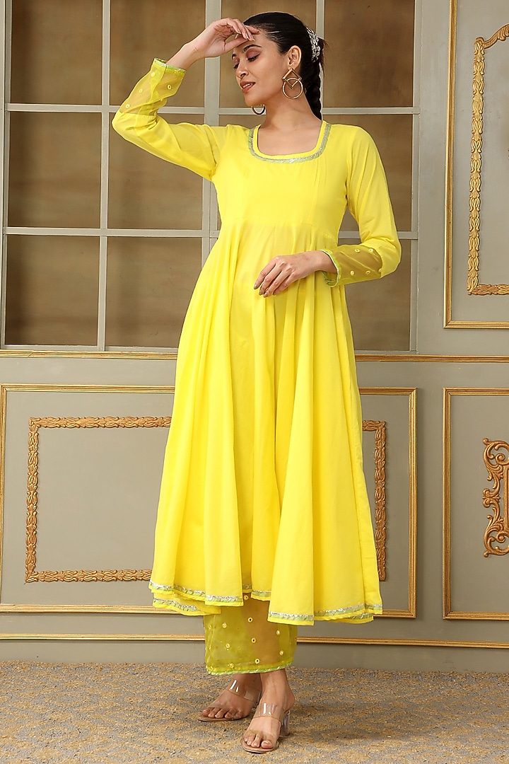 Yellow Cotton Magzi Embroidered Anarkali Set by Pomcha Jaipur at Pernia's Pop Up Shop