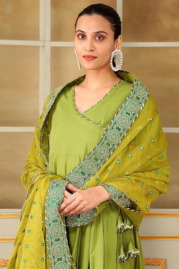 Green Organza Magzi Embroidered Angrakha Party Wear Anarkali Set by Pomcha Jaipur at Pernia's Pop Up Shop