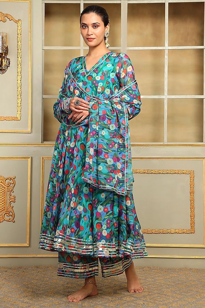 Blue Organza Floral Printed & Magzi Embroidered Anarkali Set by Pomcha Jaipur