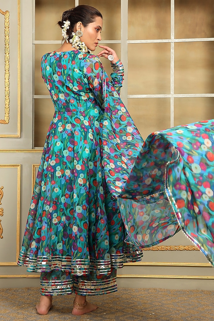 Blue Organza Floral Printed & Magzi Embroidered Anarkali Set by Pomcha Jaipur at Pernia's Pop Up Shop