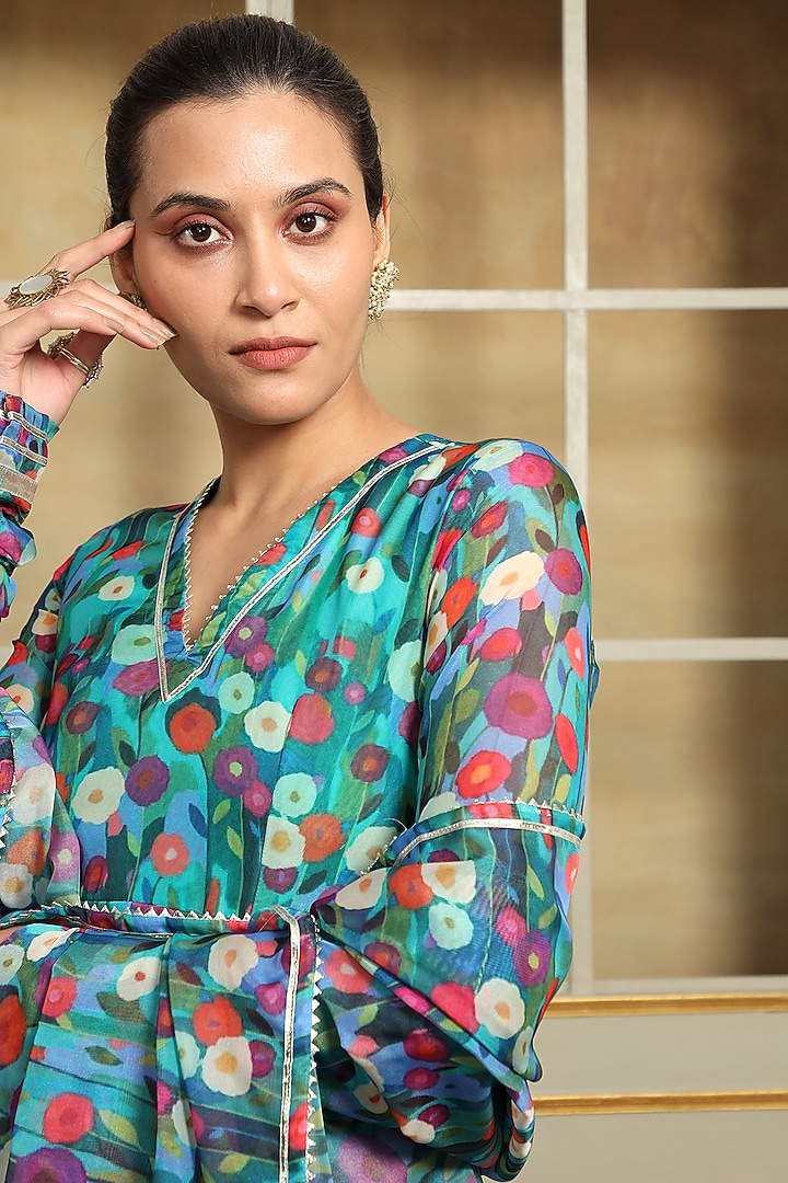 Blue Organza Floral Printed & Magzi Embroidered Anarkali Set by Pomcha Jaipur at Pernia's Pop Up Shop